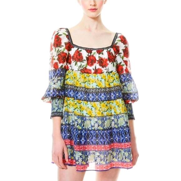 Alice + Olivia Rowen Floral Tiered Square Neck Mini Cocktail Dress Size Medium - Picture 13 of 16